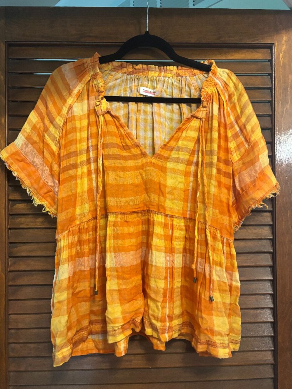 Pilcro Anthropologie Orange Plaid Gauze Peasant Top XS